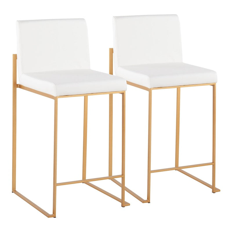 LumiSource Fuji High Back Counter Stool Set of 2 | Gold Steel and White PU | Kitchen Island & Breakfast Bar Seating | Model B26-FUJIHBAUW2