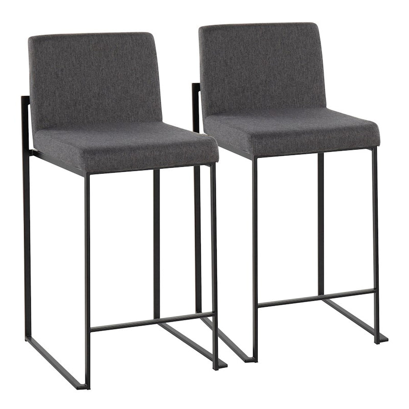 LumiSource Fuji High Back Counter Stool Set of 2 | Contemporary Black Steel and Charcoal Fabric | Kitchen Island & Bar | Model B26-FUJIHBBKFCHAR2
