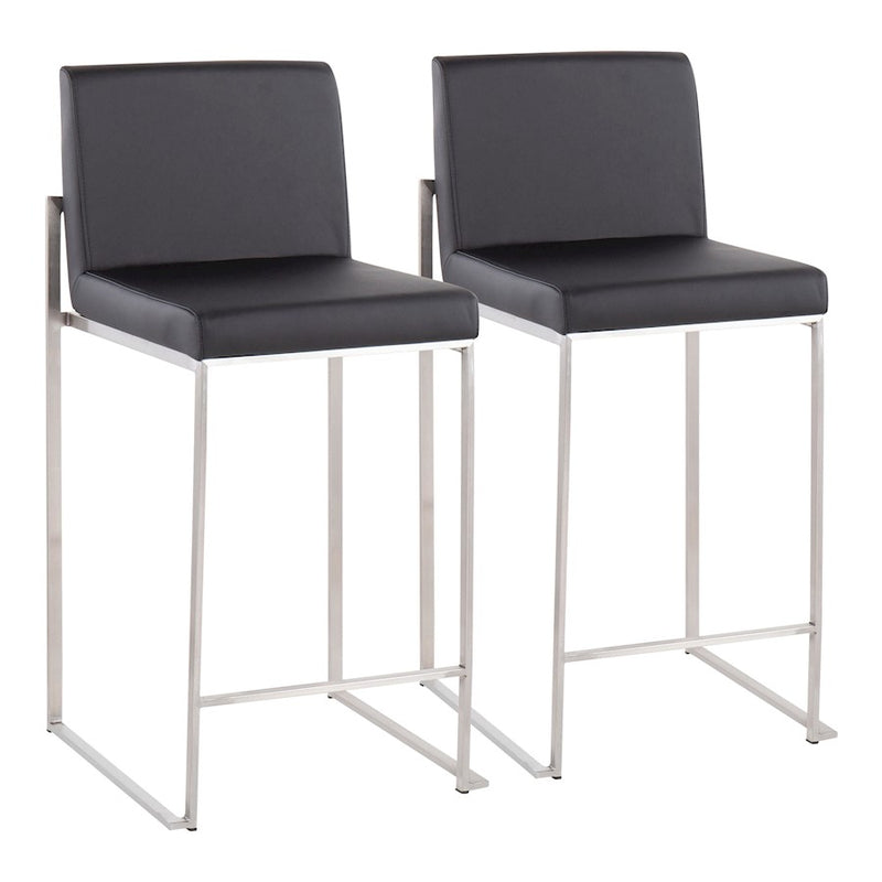 LumiSource Fuji High Back Counter Stool Set of 2 | Contemporary Black PU on Brushed Stainless Steel | Kitchen Island | Model B26-FUJIHBSSBK2