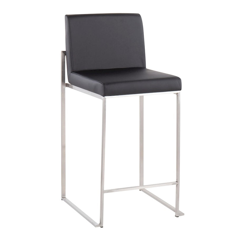 LumiSource Fuji High Back Counter Stool Set of 2 | Contemporary Black PU on Brushed Stainless Steel | Kitchen Island | Model B26-FUJIHBSSBK2