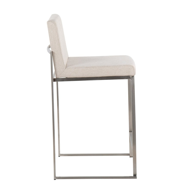 LumiSource Fuji High Back Counter Stool Set of 2 | Contemporary Beige Fabric on Brushed Stainless Steel | Kitchen Island | Model B26-FUJIHBSSFBG2