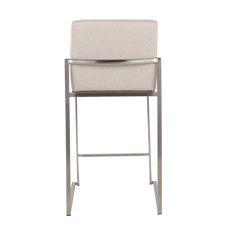 LumiSource Fuji High Back Counter Stool Set of 2 | Contemporary Beige Fabric on Brushed Stainless Steel | Kitchen Island | Model B26-FUJIHBSSFBG2