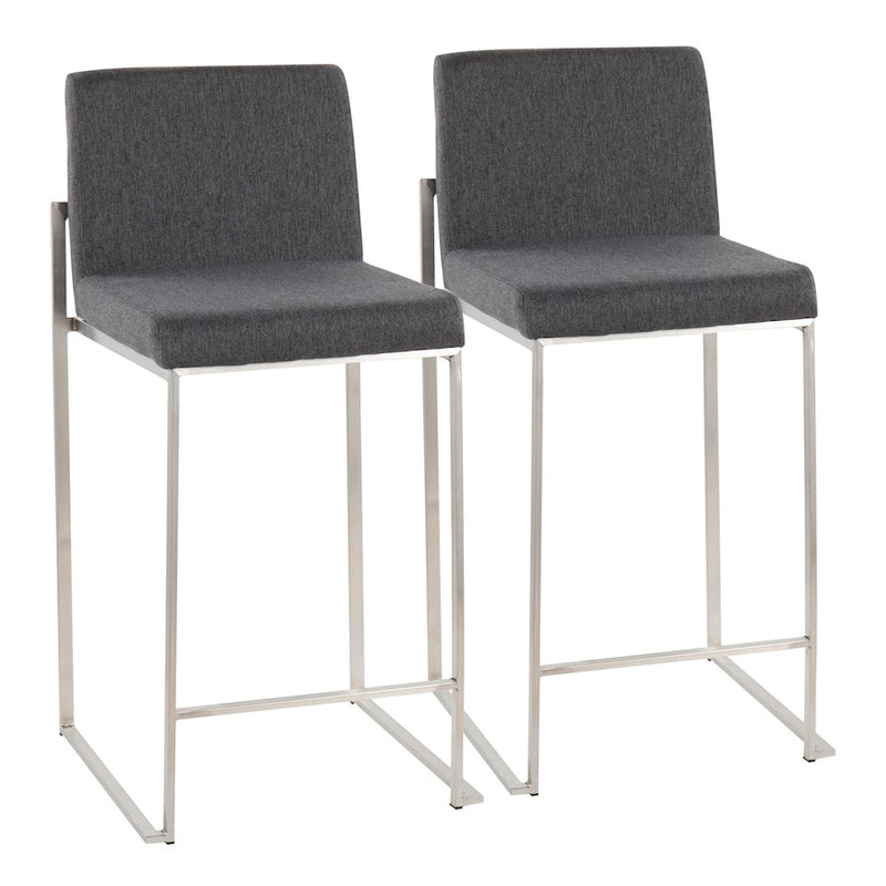 LumiSource Fuji High Back Counter Stool Set of 2 | Contemporary Charcoal Fabric on Brushed Stainless Steel | Kitchen | Model B26-FUJIHBSSFCHAR2