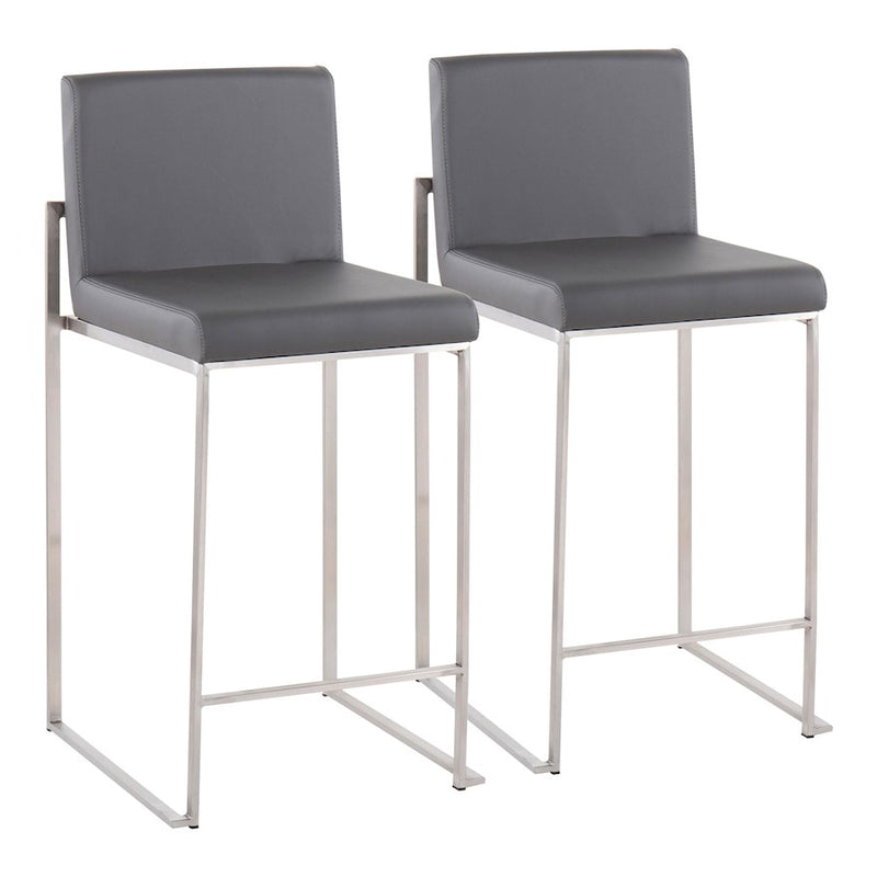 LumiSource Fuji High Back Counter Stool Set of 2 | Contemporary Brushed Stainless Steel and Grey PU | Kitchen Island | Model B26-FUJIHBSSGY2