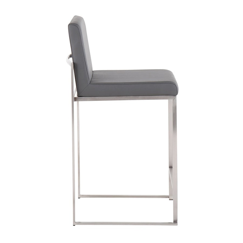 LumiSource Fuji High Back Counter Stool Set of 2 | Contemporary Brushed Stainless Steel and Grey PU | Kitchen Island | Model B26-FUJIHBSSGY2
