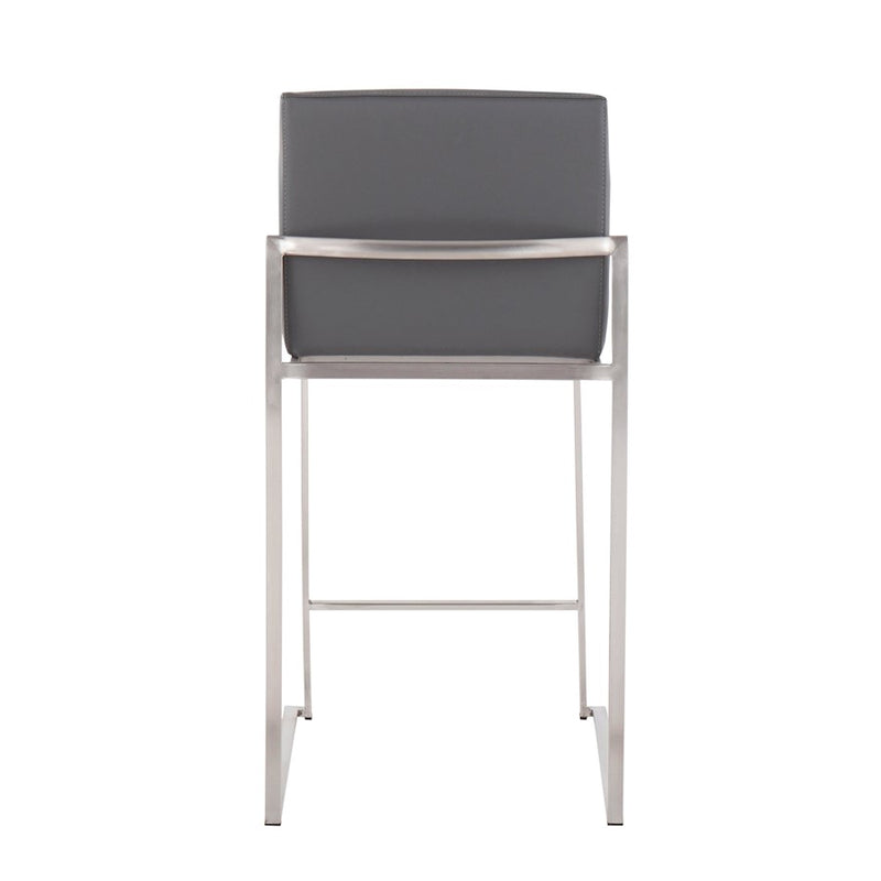 LumiSource Fuji High Back Counter Stool Set of 2 | Contemporary Brushed Stainless Steel and Grey PU | Kitchen Island | Model B26-FUJIHBSSGY2