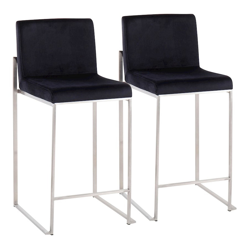 LumiSource Fuji High Back Counter Stool Set of 2 | Contemporary Brushed Stainless Steel and Black Velvet | Kitchen Island | Model B26-FUJIHBSSVBK2