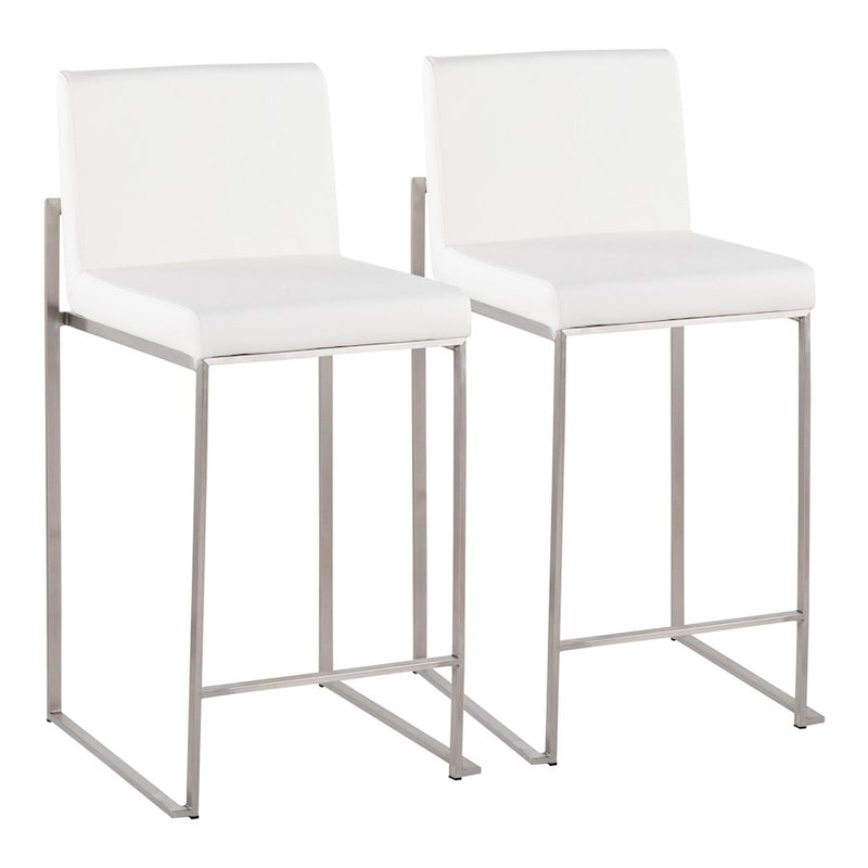 LumiSource Fuji High Back Counter Stool Set of 2 | Contemporary Brushed Stainless Steel and White PU | Kitchen Island | Model B26-FUJIHBSSW2