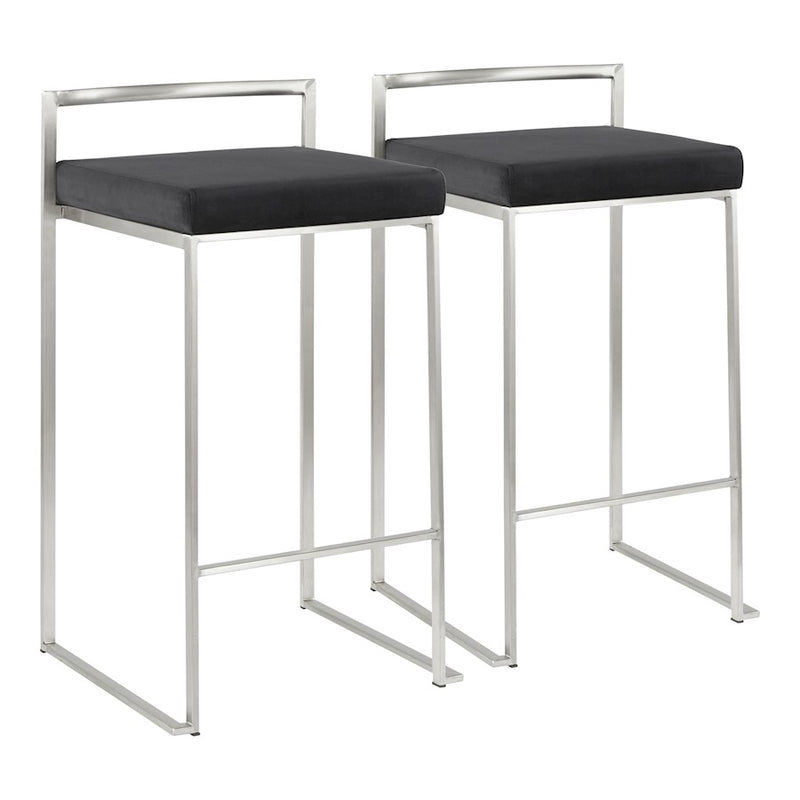 LumiSource Fuji Stackable Counter Stool | Brushed Stainless Steel and Black Velvet | Kitchen Island & Dining Room Seating | Model B26-FUJIVBK2