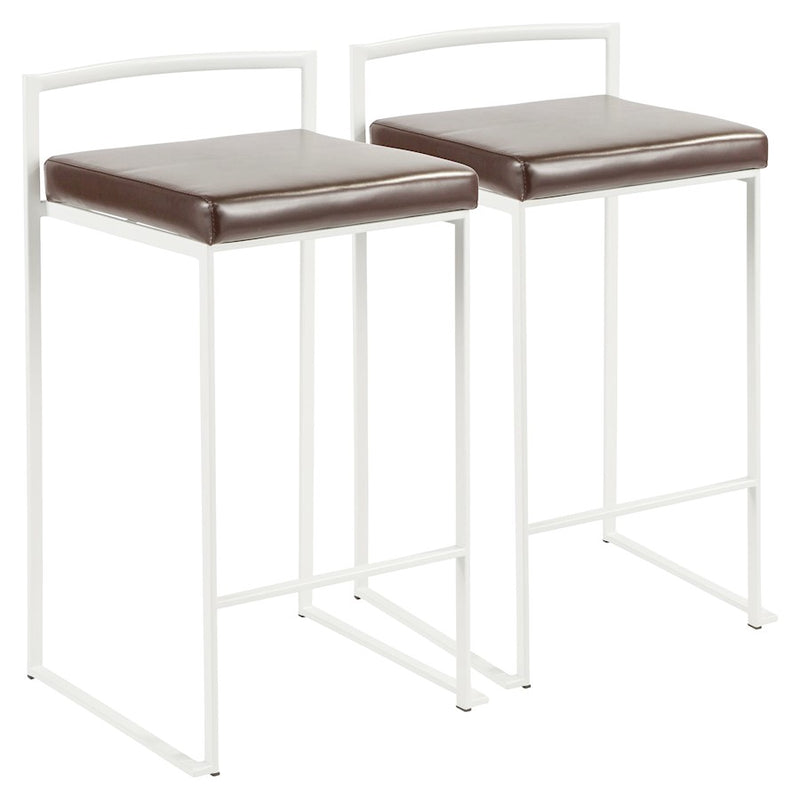 LumiSource Fuji 16in Stackable Counter Stool | White Metal and Brown PU Leather | Kitchen Island & Dining Room Seating | Model B26-FUJIW-BN2