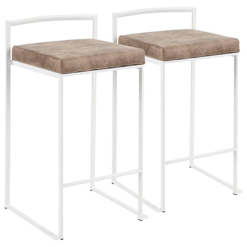 LumiSource Fuji 16in Stackable Counter Stool | White Metal and Brown Cowboy Fabric | Kitchen Island & Dining Room Seating | Model B26-FUJIW-FBN2