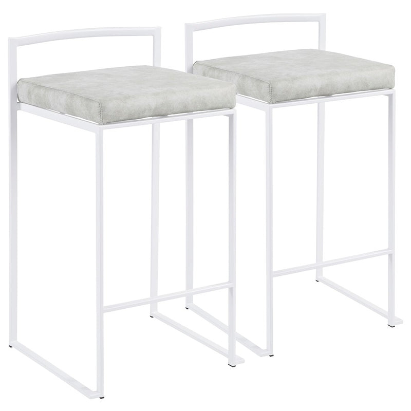 LumiSource Fuji 31in Counter Stool Set of 2 | Contemporary White Metal Frame with Light Grey Cowboy Fabric Seat | Kitchen | Model B26-FUJIW-LGY2
