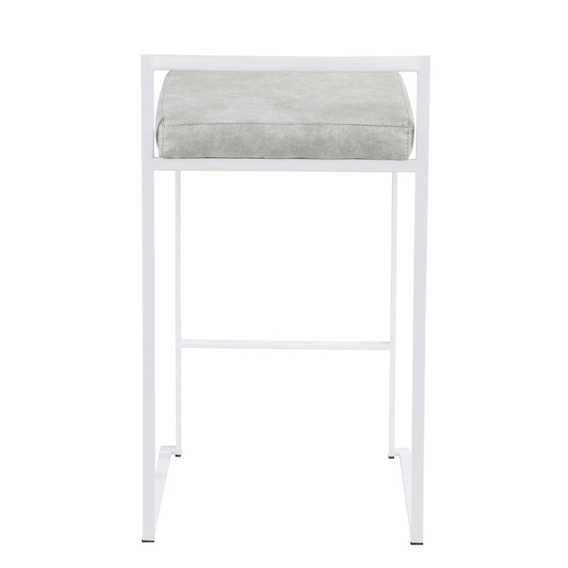 LumiSource Fuji 31in Counter Stool Set of 2 | Contemporary White Metal Frame with Light Grey Cowboy Fabric Seat | Kitchen | Model B26-FUJIW-LGY2