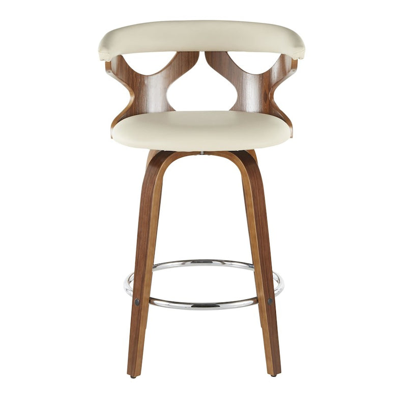 LumiSource Gardenia Counter Stool Set/2 | Mid-Century Walnut, Cream PU, Chrome | Kitchen Island & Breakfast Bar Seating | Model B26-GARD2-SWVRWLCR2