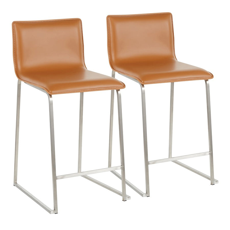 LumiSource Mara 19in Counter Stool Set of 2 | Brushed Stainless Steel and Camel PU Faux Leather | Kitchen Island & Dining | Model B26-MARAUPSSCAM2