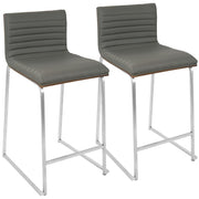 LumiSource Mara 34in Counter Stool Set of 2 | Contemporary Walnut Wood Back with Grey PU Seat on Brushed Stainless Steel | Model B26-MARAWL-GY2