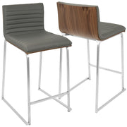 LumiSource Mara 34in Counter Stool Set of 2 | Contemporary Walnut Wood Back with Grey PU Seat on Brushed Stainless Steel | Model B26-MARAWL-GY2