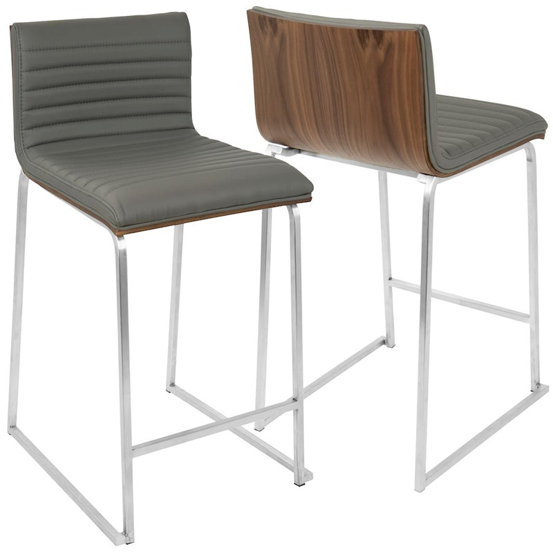 LumiSource Mara 34in Counter Stool Set of 2 | Contemporary Walnut Wood Back with Grey PU Seat on Brushed Stainless Steel | Model B26-MARAWL-GY2