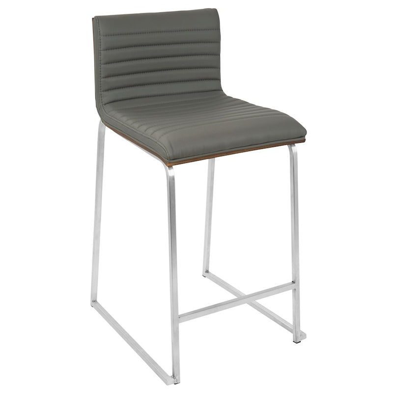 LumiSource Mara 34in Counter Stool Set of 2 | Contemporary Walnut Wood Back with Grey PU Seat on Brushed Stainless Steel | Model B26-MARAWL-GY2