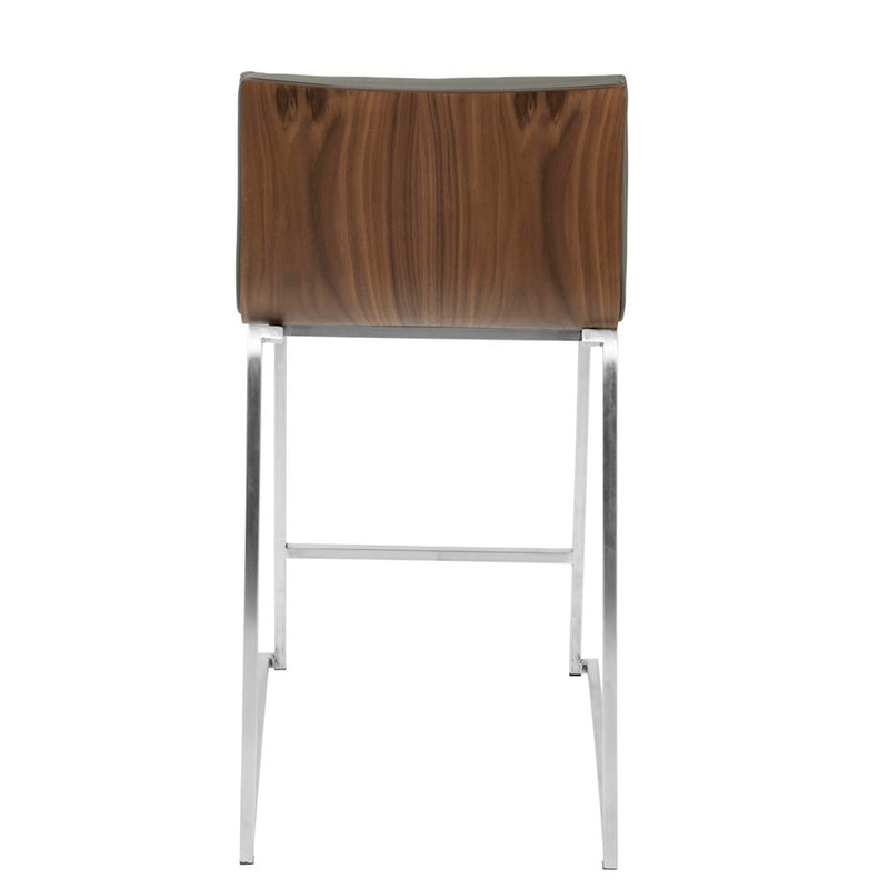 LumiSource Mara 34in Counter Stool Set of 2 | Contemporary Walnut Wood Back with Grey PU Seat on Brushed Stainless Steel | Model B26-MARAWL-GY2