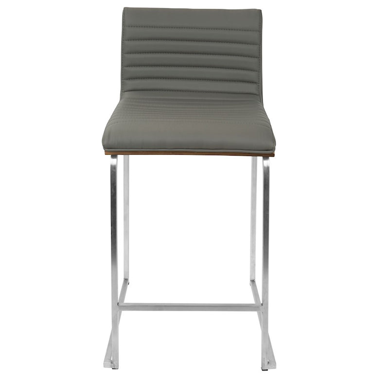 LumiSource Mara 34in Counter Stool Set of 2 | Contemporary Walnut Wood Back with Grey PU Seat on Brushed Stainless Steel | Model B26-MARAWL-GY2