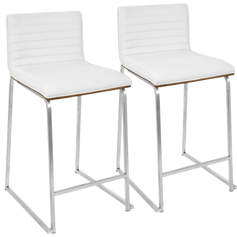 LumiSource Mara 34in Counter Stool Set of 2 | Contemporary Walnut Wood Back with White PU Seat on Brushed Stainless Steel | Model B26-MARAWL-W2