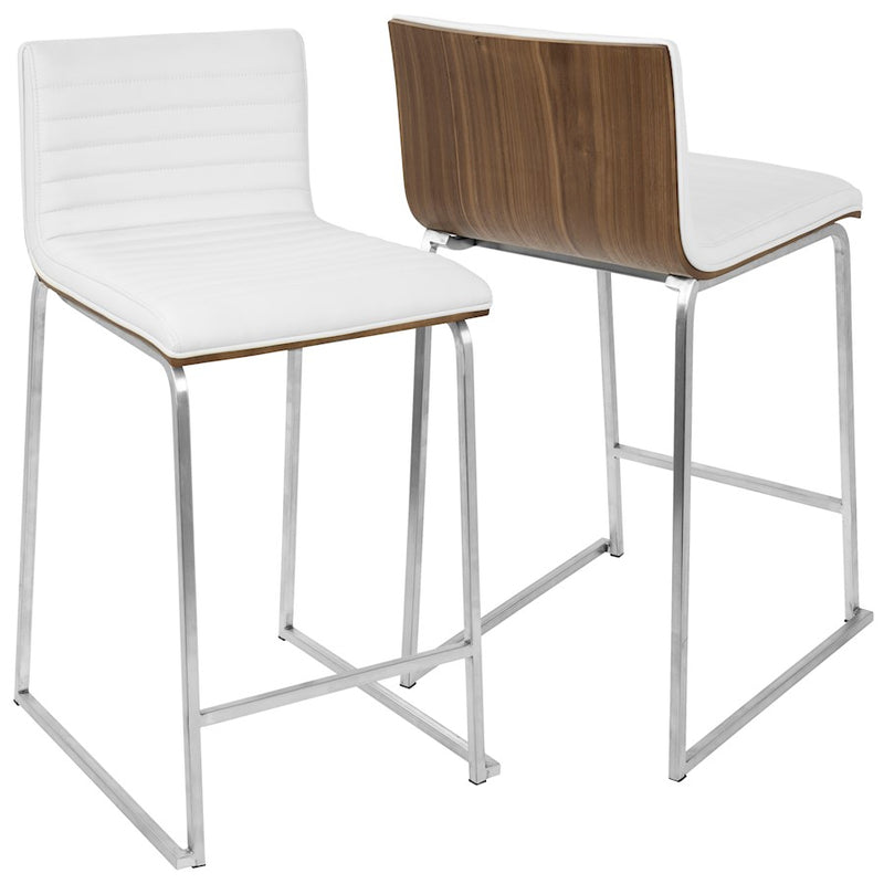 LumiSource Mara 34in Counter Stool Set of 2 | Contemporary Walnut Wood Back with White PU Seat on Brushed Stainless Steel | Model B26-MARAWL-W2