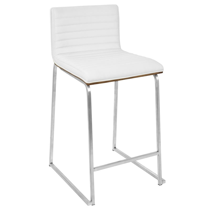 LumiSource Mara 34in Counter Stool Set of 2 | Contemporary Walnut Wood Back with White PU Seat on Brushed Stainless Steel | Model B26-MARAWL-W2