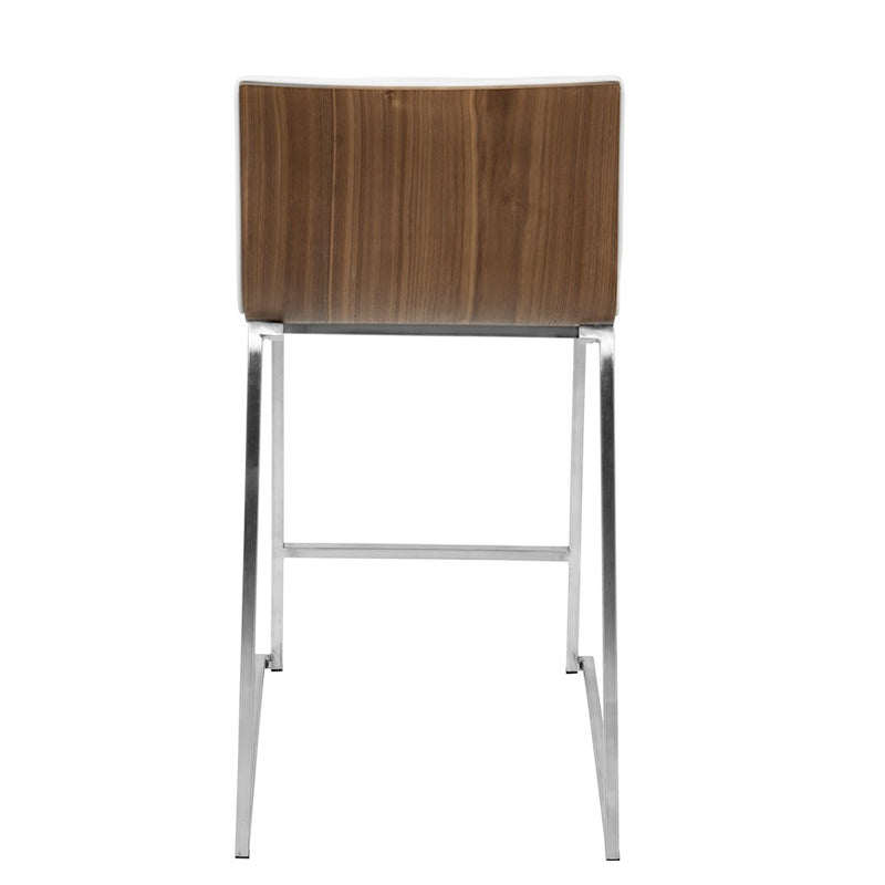 LumiSource Mara 34in Counter Stool Set of 2 | Contemporary Walnut Wood Back with White PU Seat on Brushed Stainless Steel | Model B26-MARAWL-W2