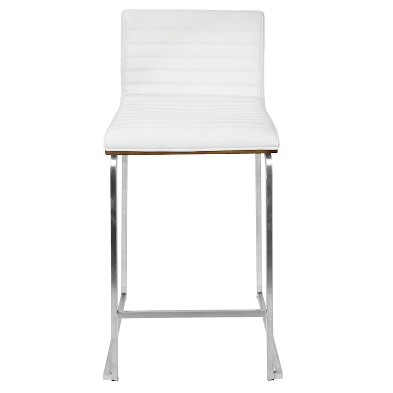 LumiSource Mara 34in Counter Stool Set of 2 | Contemporary Walnut Wood Back with White PU Seat on Brushed Stainless Steel | Model B26-MARAWL-W2