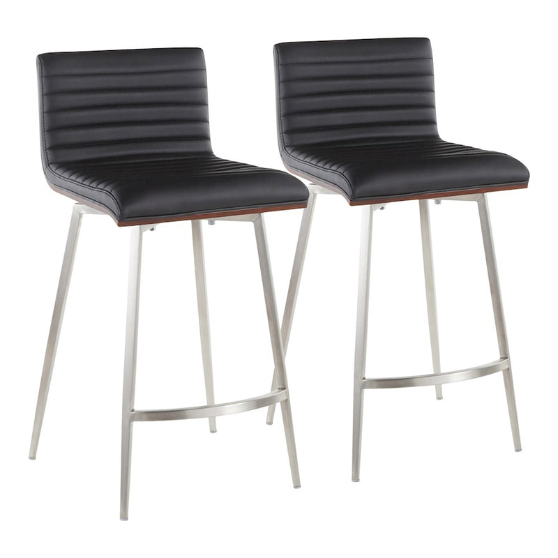 LumiSource Mason Swivel Counter Stool | Brushed Stainless Steel and Walnut Wood with Black PU | Kitchen Island & Bar Seating | Model B26-MSNSWWLBK2