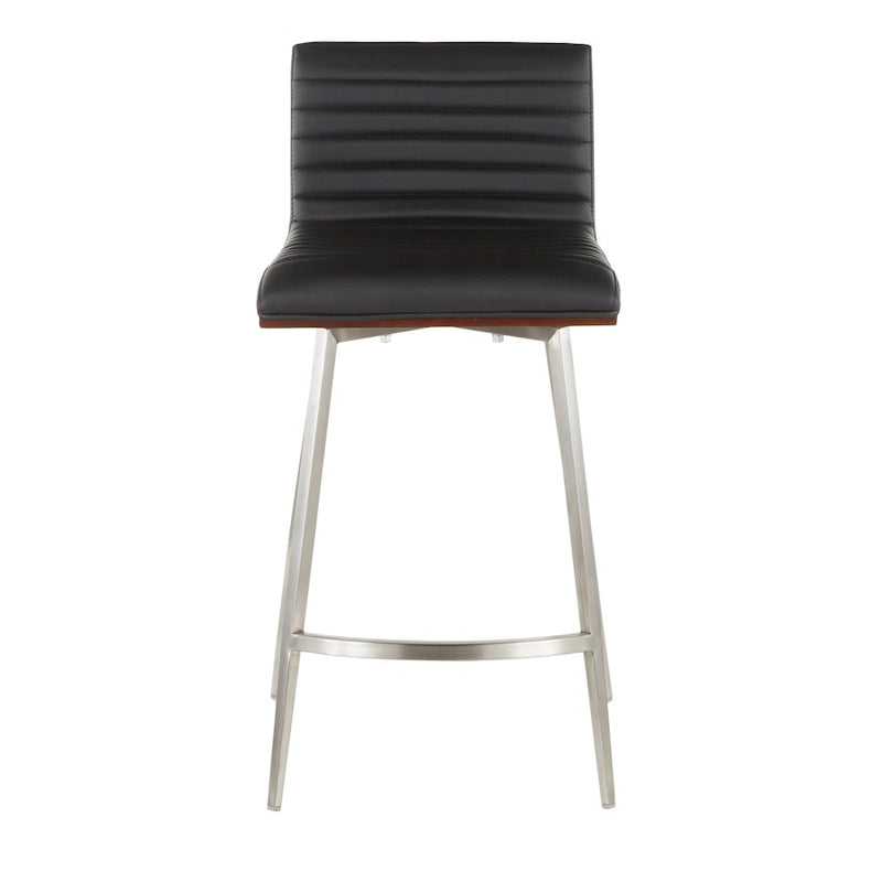LumiSource Mason Swivel Counter Stool | Brushed Stainless Steel and Walnut Wood with Black PU | Kitchen Island & Bar Seating | Model B26-MSNSWWLBK2
