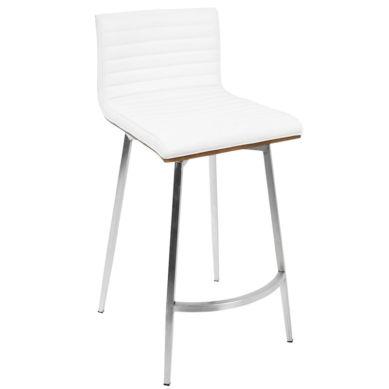 LumiSource Mason Swivel Counter Stool Set/2 | White PU Tufted Seat, Walnut Wood Back, Stainless Steel Base | Kitchen Island | Model B26-MSNSWWLW2