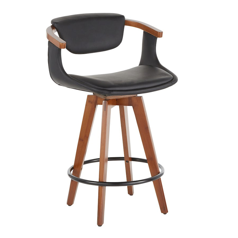 LumiSource Oracle Swivel Counter Stool | Walnut Bamboo Frame, Grey PU Seat, Black Metal Legs | Mid-Century Modern Kitchen | Model B26-ORACLEWLGY