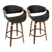 LumiSource Symphony Counter Stool Set of 2 | Mid-Century Walnut Wood and Black PU Leather | Kitchen Island & Bar Seating | Model B26-SYMPQWLBK2