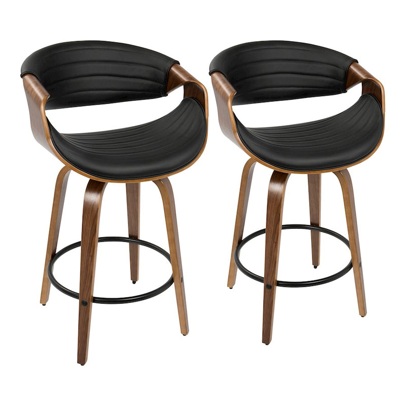LumiSource Symphony Counter Stool Set of 2 | Mid-Century Walnut Wood and Black PU Leather | Kitchen Island & Bar Seating | Model B26-SYMPQWLBK2