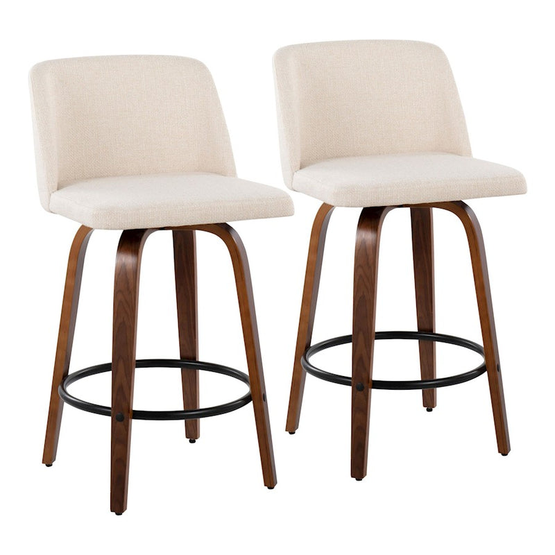 LumiSource Toriano 25.5in Counter Stool Set of 2 | Mid-Century Walnut Wood, Cream Noise Fabric, Black Steel | Kitchen | Model B26-TRNO-SWVQ2WLNCR2