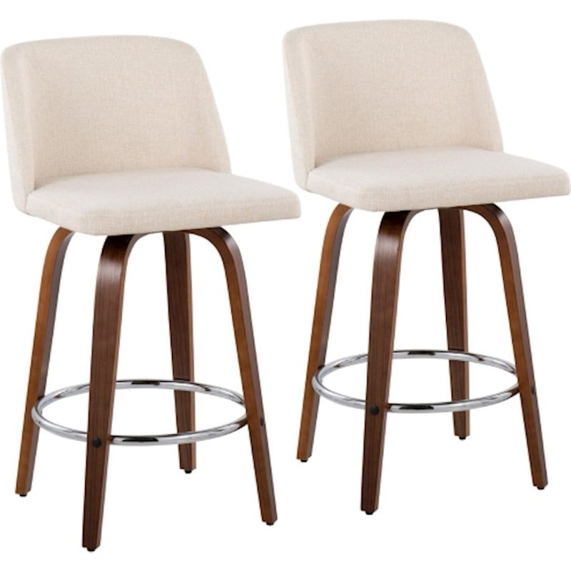 LumiSource Toriano Counter Stool Set/2 | Mid-Century Walnut Wood and Cream Fabric with Chrome Base | Kitchen Island | Model B26-TRNO-SWVR2WLNCR2