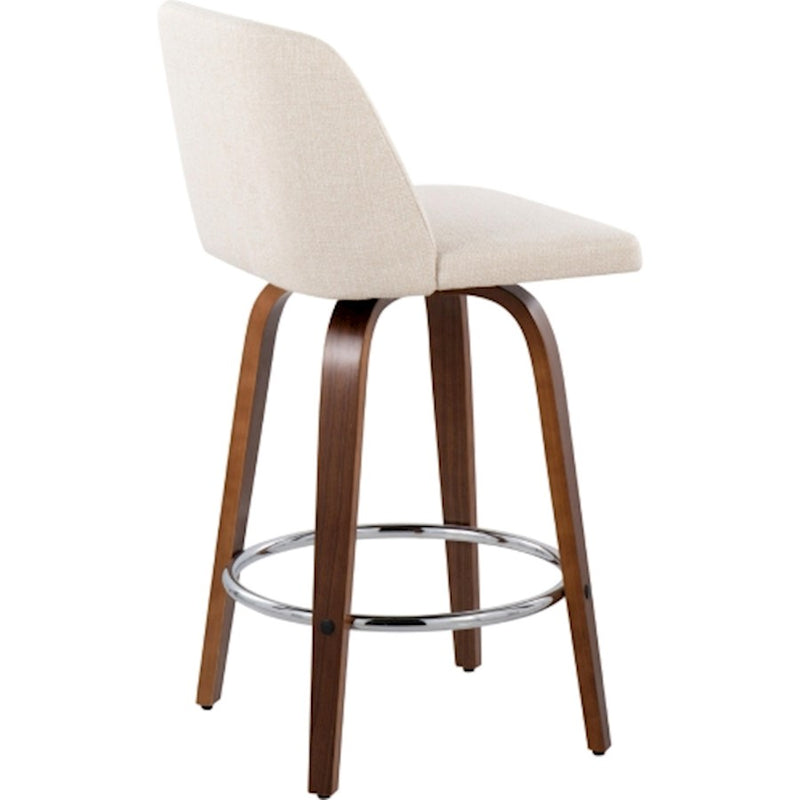 LumiSource Toriano Counter Stool Set/2 | Mid-Century Walnut Wood and Cream Fabric with Chrome Base | Kitchen Island | Model B26-TRNO-SWVR2WLNCR2