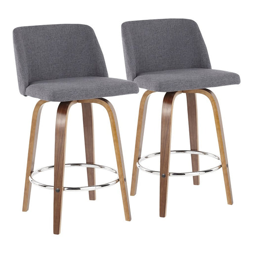 LumiSource Toriano Counter Stool Set of 2 | Mid-Century Walnut Wood, Blue Fabric, Chrome | Kitchen Island & Bar Seating | Model B26-TRNO2RWLBU2
