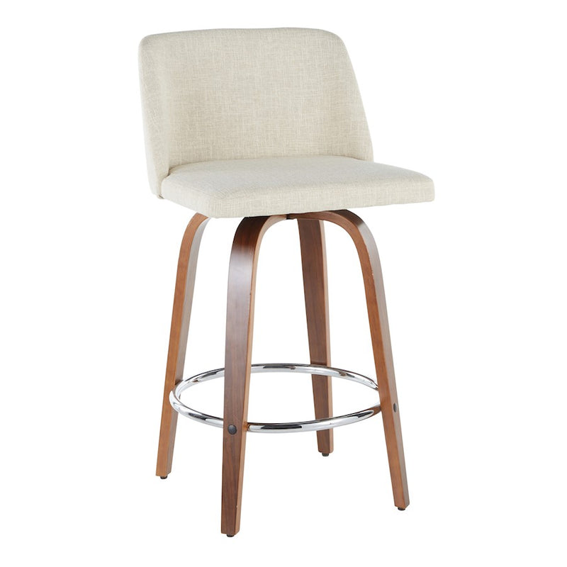 LumiSource Toriano Counter Stool Set of 2 | Mid-Century Walnut Wood, Cream Fabric, Chrome | Kitchen Island & Bar Seating | Model B26-TRNO2RWLCR2