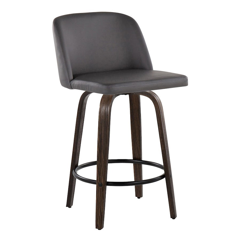 LumiSource Toriano 26in Counter Stool Set/2 | Mid-Century Walnut-Glazed Wood, Grey PU, Black Metal | Kitchen Island | Model B26-TRNOPU-GRTZQ2BNGY2