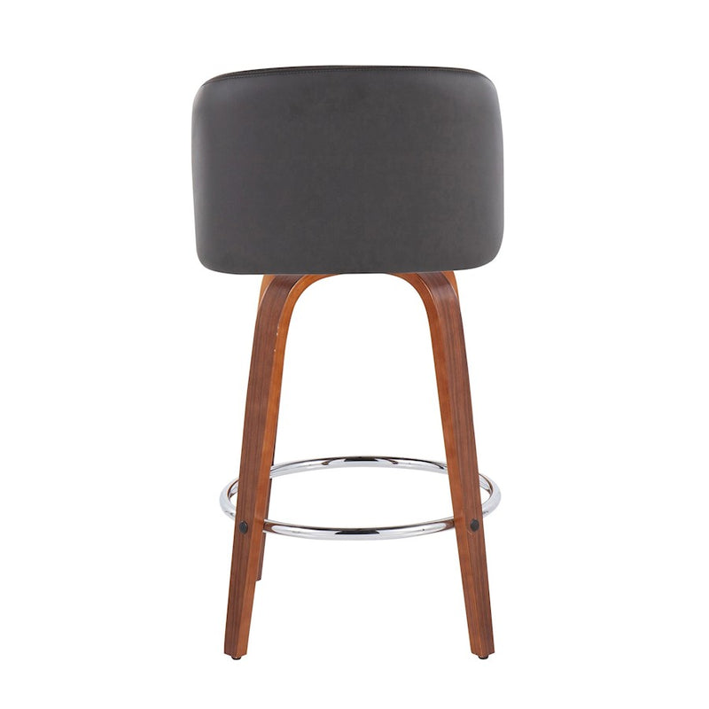 LumiSource Toriano 25.5in Counter Stool Set of 2 | Mid-Century Walnut Wood, Grey PU, Chrome | Kitchen Island & Bar | Model B26-TRNOPU-SWVR2WLGY2