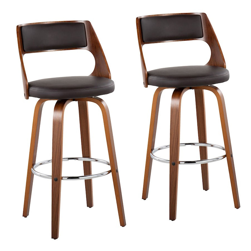 LumiSource Cecina 20in Swivel Barstool Set of 2 | Mid-Century Walnut Wood and Brown PU with Chrome | Kitchen Island | Model B30-CECINA2-SWVRWLBN2