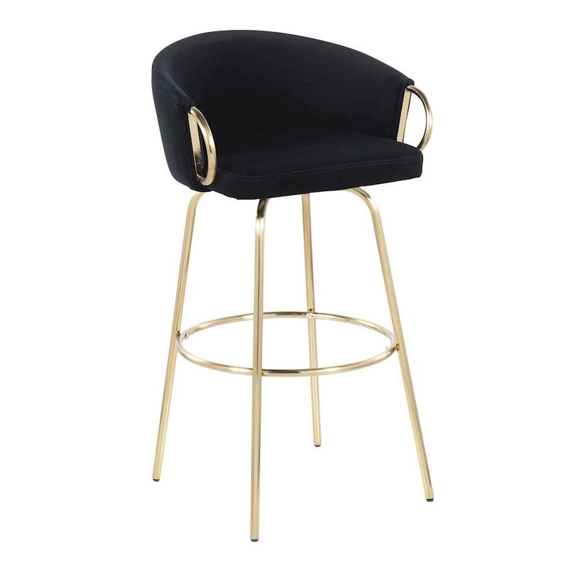 LumiSource Claire 30in Bar Stool Set of 2 | Glam Gold Metal and Black Velvet | Kitchen Island & Home Bar Seating | Model B30-CLAIRE2AUVBK2