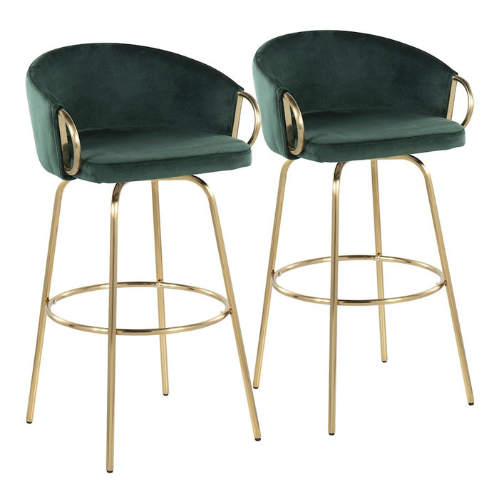 LumiSource Claire 30" Bar Stool, Set of 2, Gold/Green Velvet - B30-CLAIRE2AUVGN2