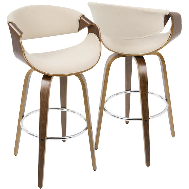 LumiSource Curvini 30in Bar Stool Set of 2 | Mid-Century Walnut Wood, Cream Fabric, Chrome | Kitchen Island & Bar | Model B30-CRVNI2-SWVRWLCR2