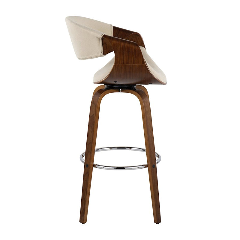 LumiSource Curvini 30in Bar Stool Set of 2 | Mid-Century Walnut Wood, Cream Fabric, Chrome | Kitchen Island & Bar | Model B30-CRVNI2-SWVRWLCR2
