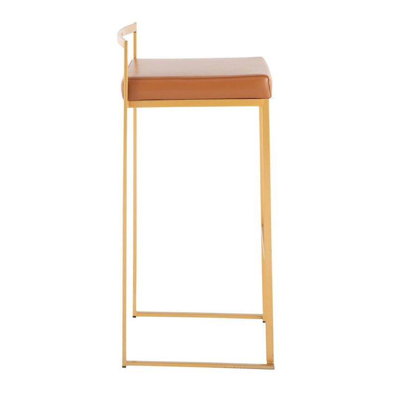 LumiSource Fuji 30.75in Bar Stool Set of 2 | Glam Gold Steel and Camel PU Leather | Kitchen Island & Home Bar Seating | Model B30-FUJIAUCAM2