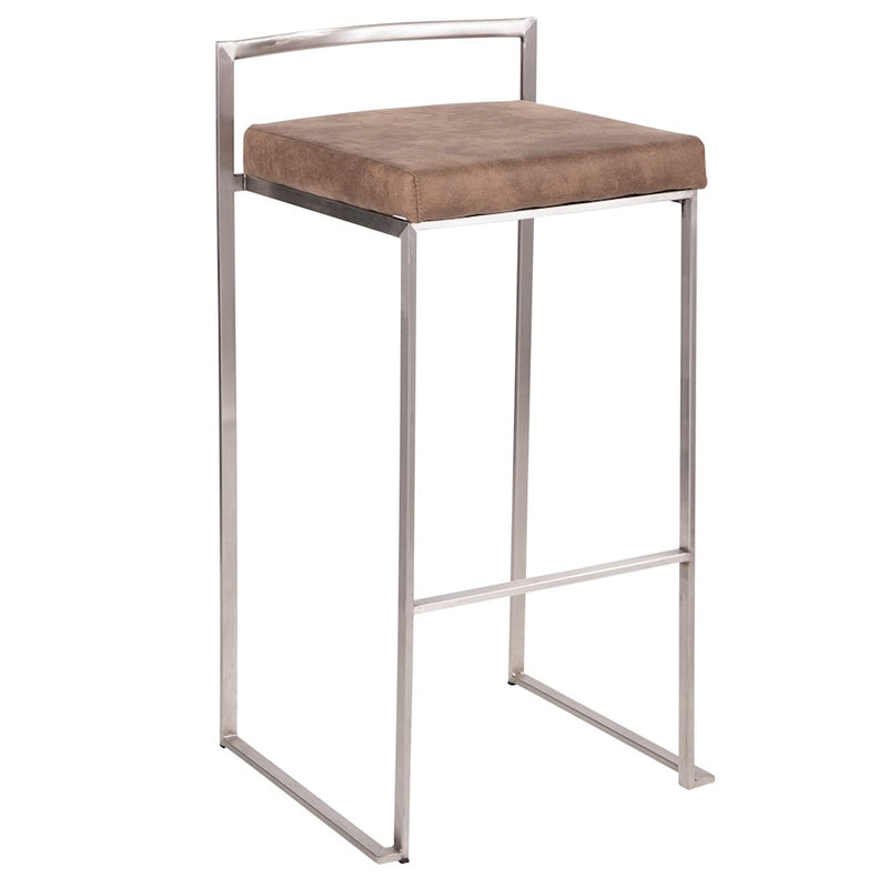 LumiSource Fuji Stackable Barstool Set of 2 | Contemporary Stainless Steel and Brown Cowboy Fabric | Kitchen Island & Home Bar | Model B30-FUJIFBN2
